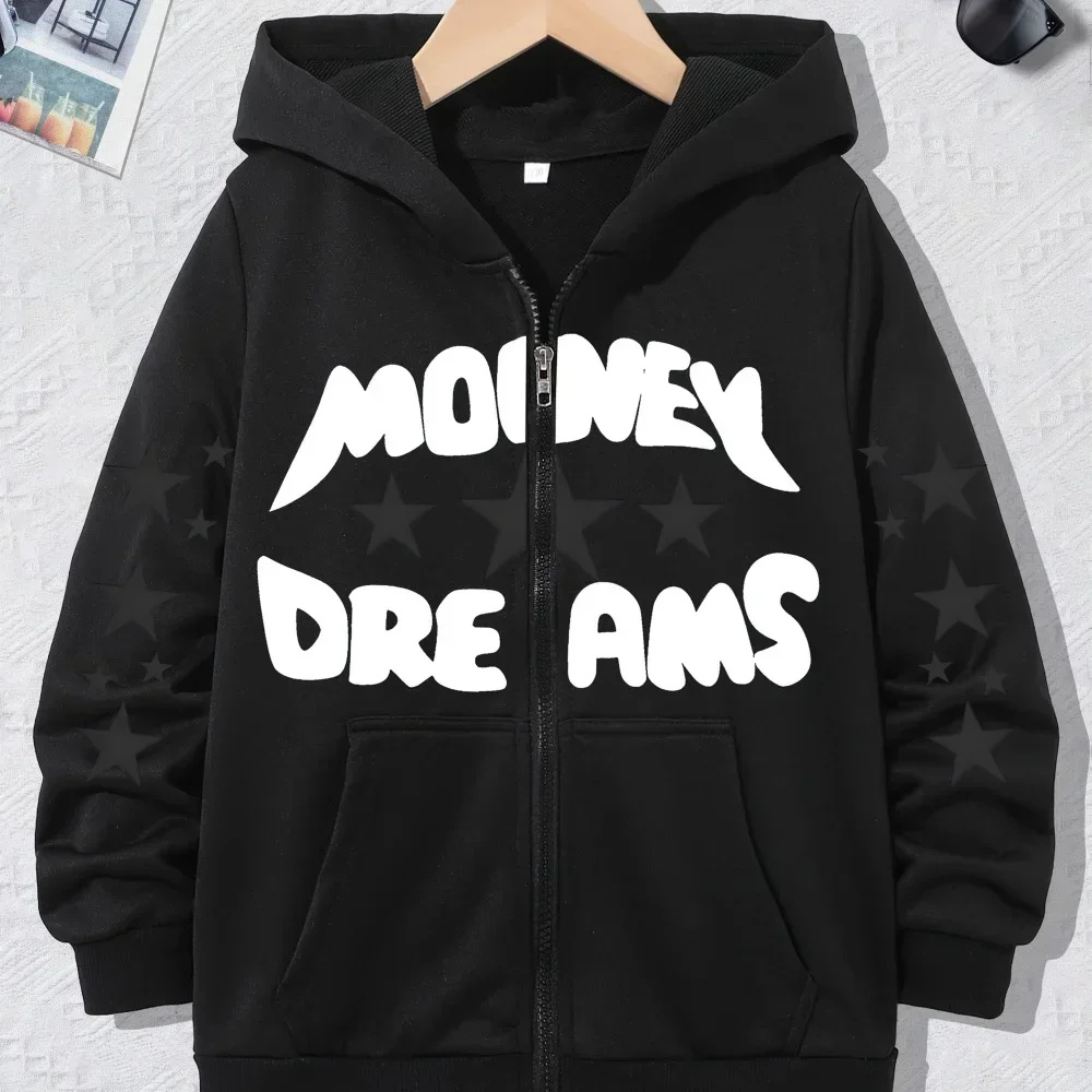 Boys Girls Streetwear Money Dreams Bold Text Star Pattern Printed Zip Hooded Coat Kids Daily Fashion Outerwear