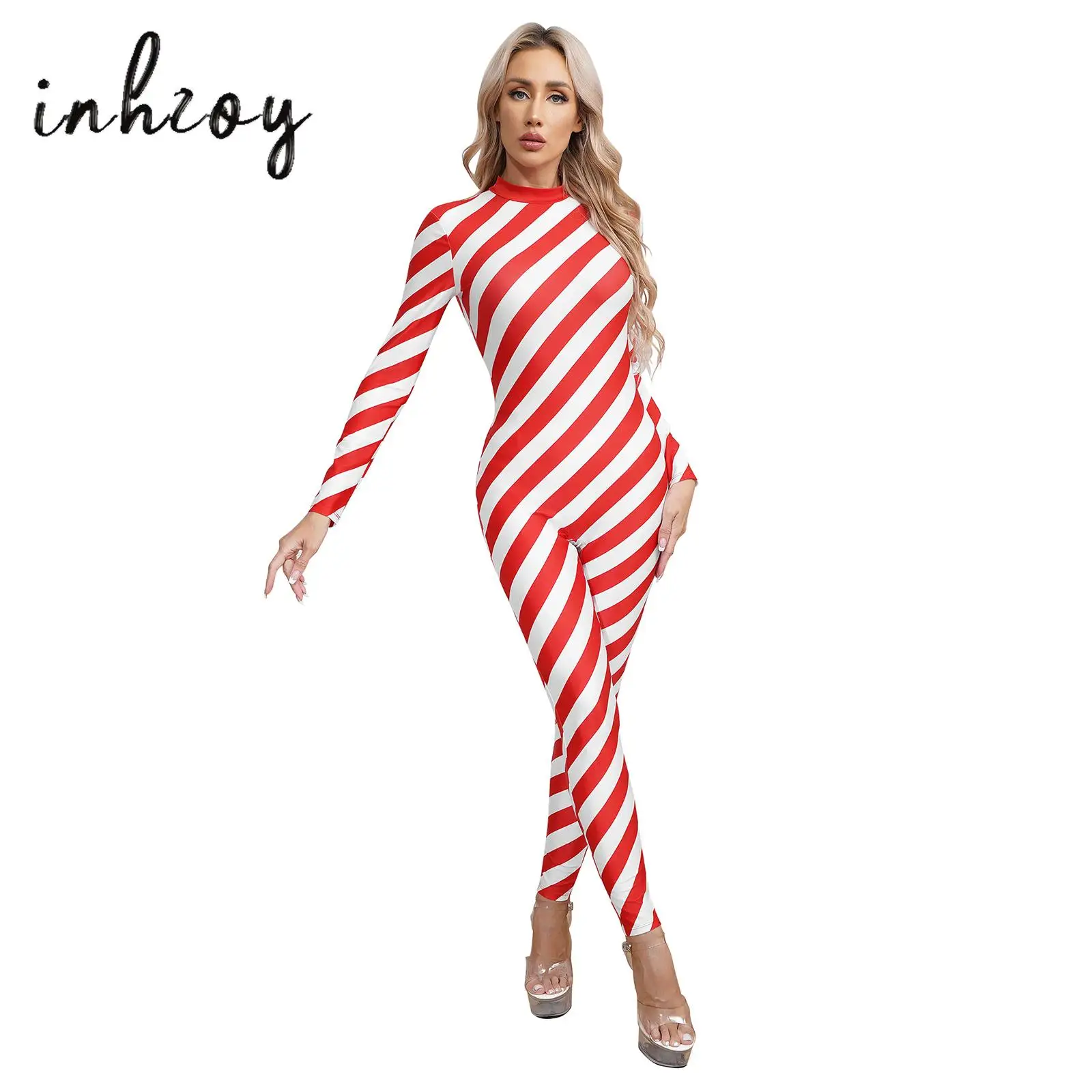 

Womens Christmas Jumpsuit Candy Cane Striped Ballet Dance Leotard Gymnastics Unitard Full Bodysuit Xmas Cosplay Dancewear