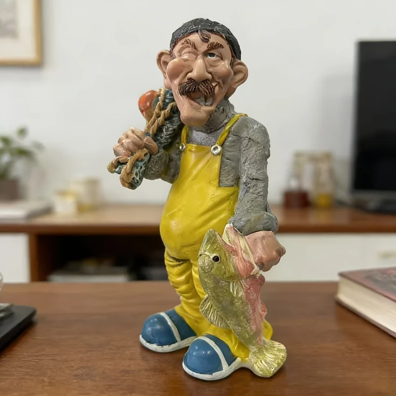 Seaside Style Fisherman Statue Ornament，Handmade Resin Ornaments，Comes with fishing gear，Suitable for nautical-themed home decor