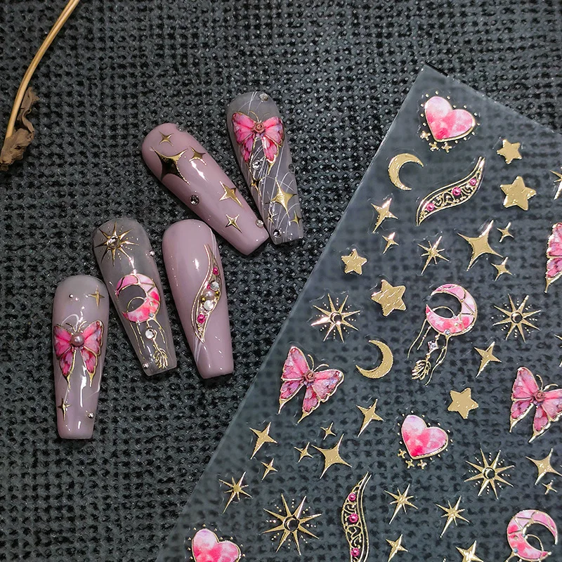 1 Sheet 5D Realistic Gold Stamping Gilding Pink Butterfly Moon Star Starlight Adhesive Nail Art Stickers Decals Manicure Charms