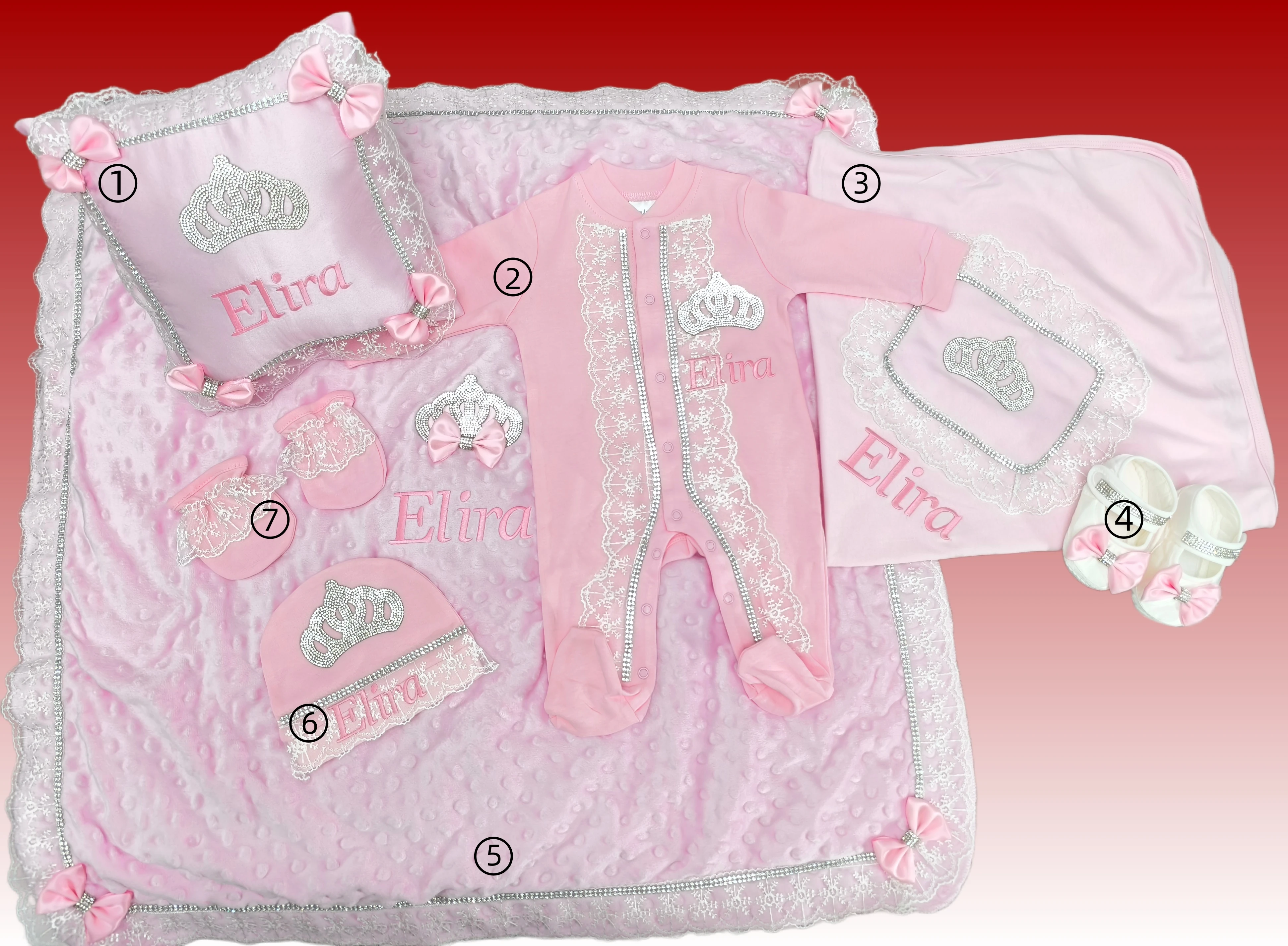 Personalized Baby Girl 7Pcs Pink Crown Footed Romper Soft Cotton Newborn Gift Set Blanket Hat Booties Easy Snap Design