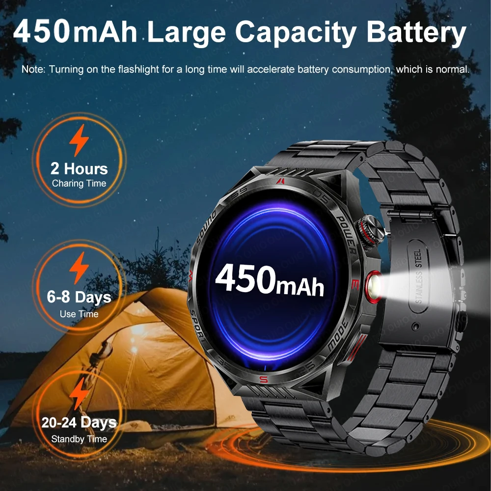 2024 New 1.85-inch outdoor Men Smart Watch IP68 Waterproof 450Mah B attery LED Strong Flashlight Bluetooth Call Smartwatch + Box