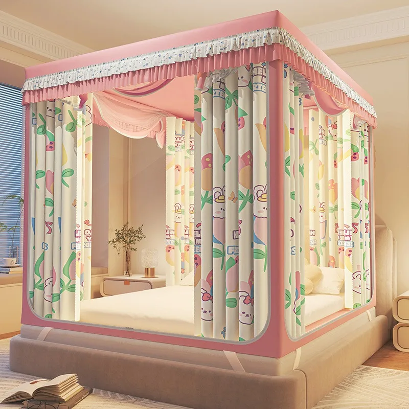 

Household blackout bed curtain integrated children's mosquito net zipper three doors anti-drop fully closed