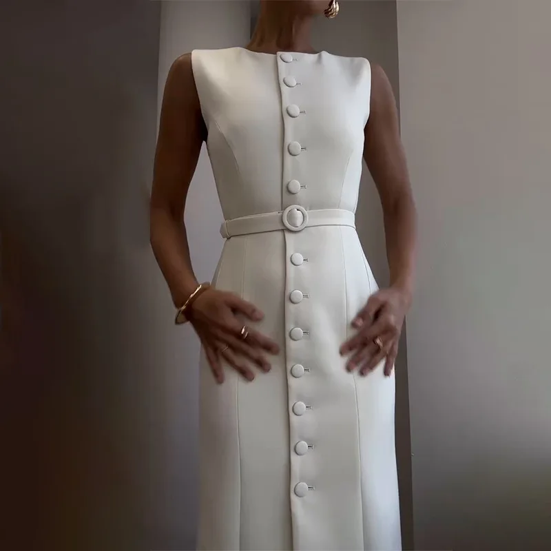 

2025 Summer New Elegant Temperament Belt Slim and Thin Commuter Dress Europe and America