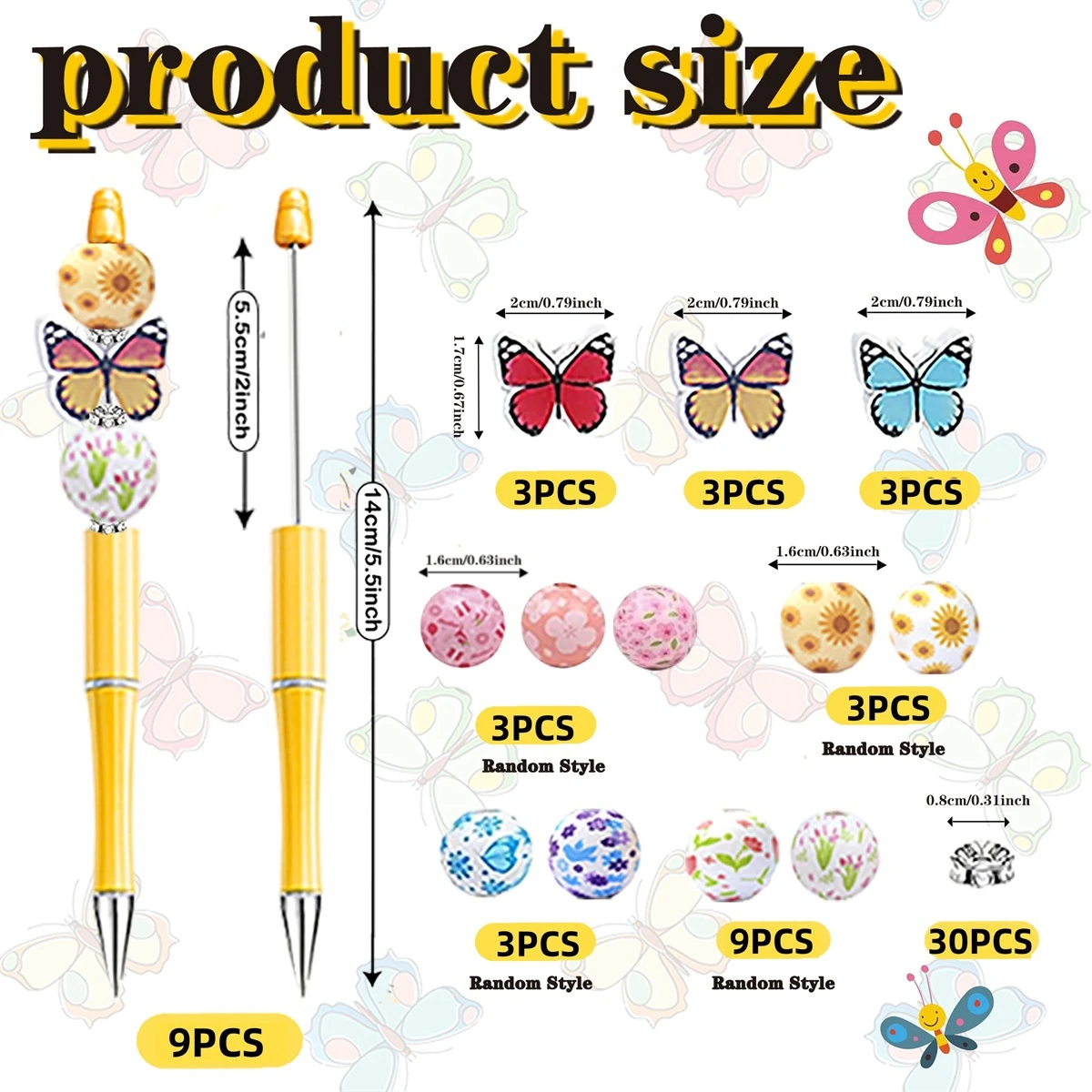 9 قطع من الحبر الأسود على شكل فراشة ملونة للربيع والصيف يمكنك صنعها بنفسك قلم حبر جاف ومجموعة خرز خشبية، لوازم مكتبية ومدرسية #2