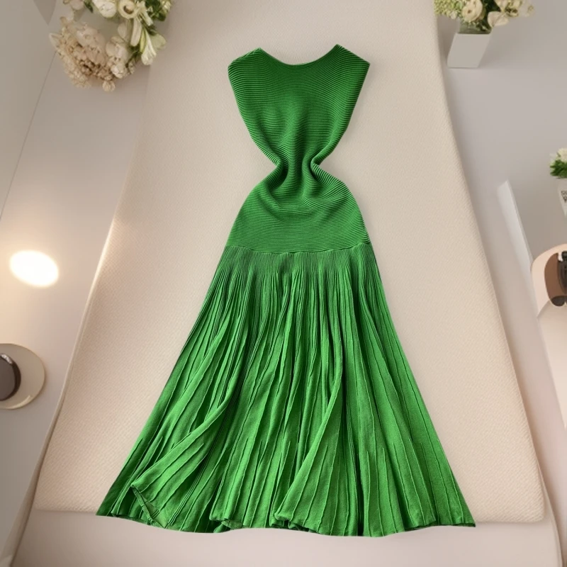 HKSH Spring Autumn New Women's Dress O-neck Sleeveless Knitted Patchwork Pleated Solid Color Elegant Trendy Long Dresses HK14805