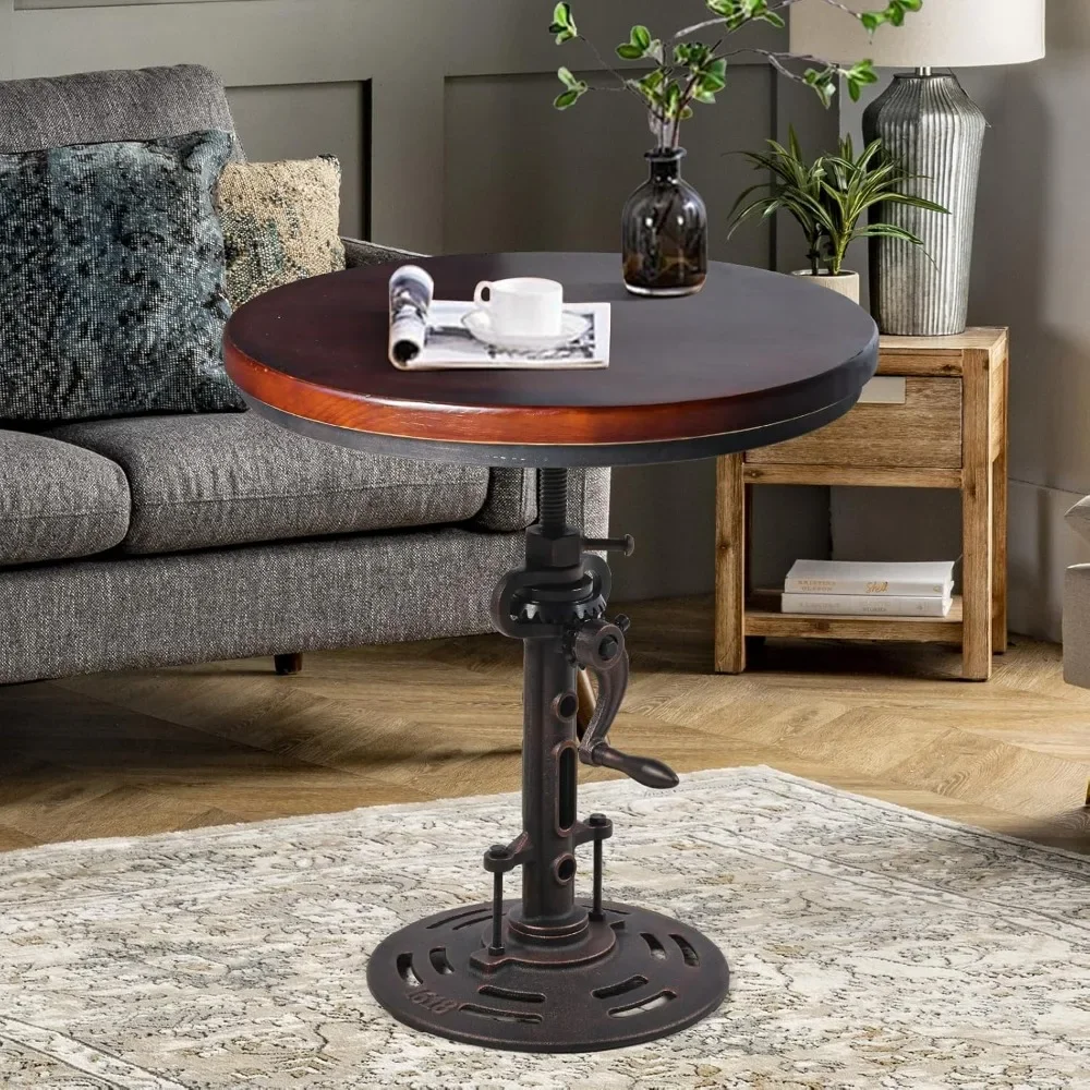 Round 19.6'' Metal Wooden Side Table Industrial Style Tea Table Hand Crank Adjustable Height Coffee Table for Living Room