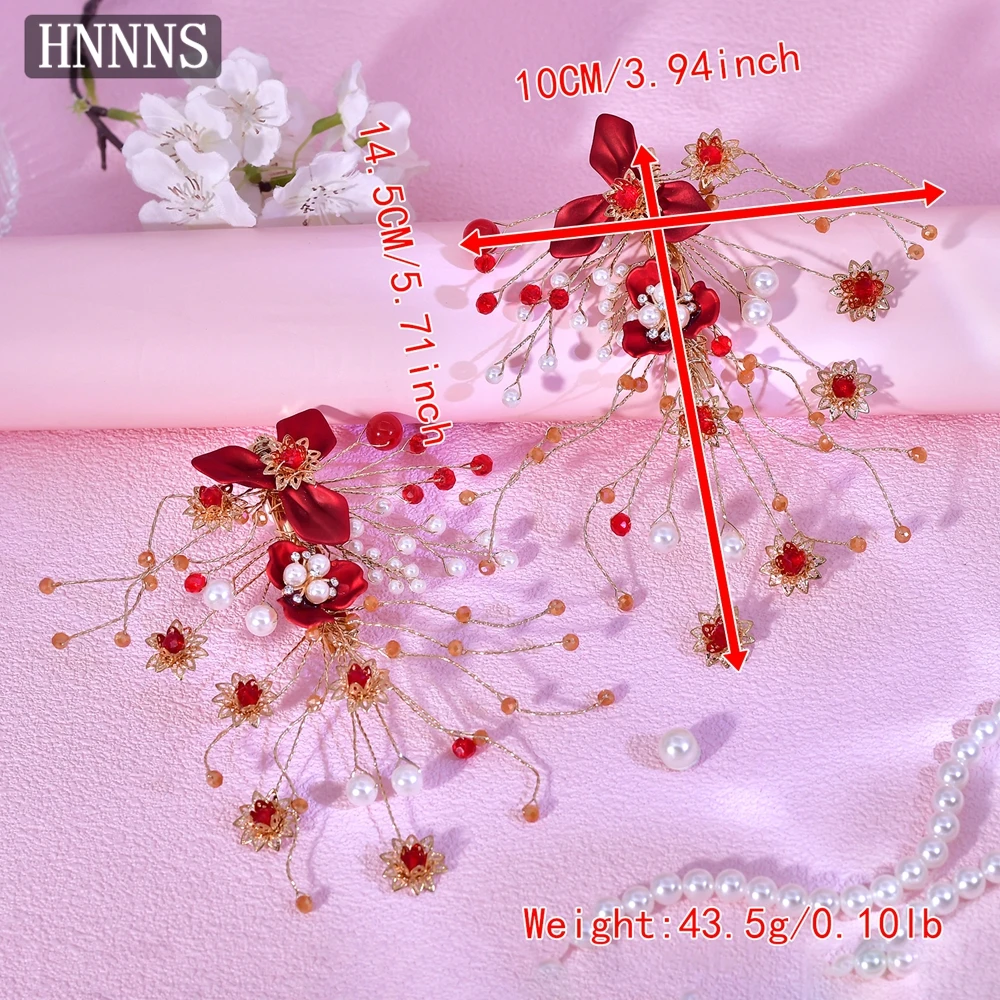 HNNNS Vintage Flower Hairpin for Girls Red Flowers Pearl Hair Clip New Year Lucky Jewelry Hair Accessories Gift for Girls A395
