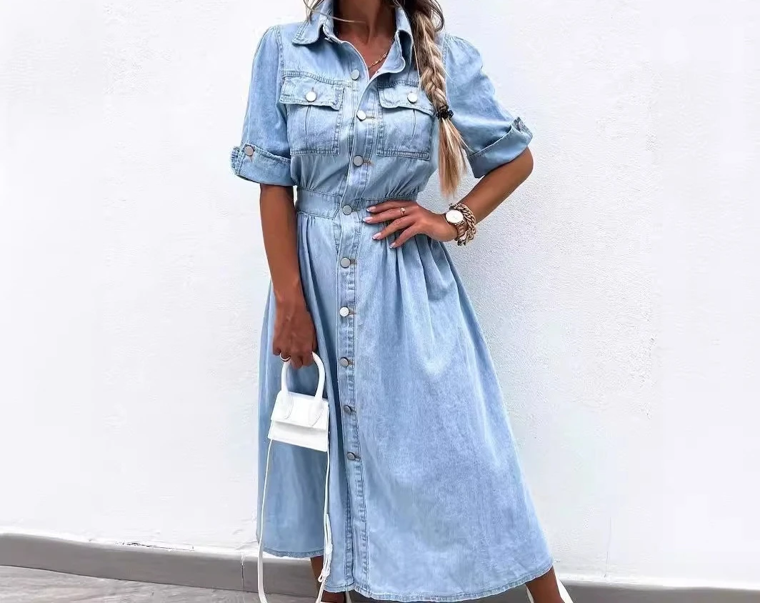 فستان كاوبوي نسائي صيفي جديد بأزرار وأكمام قصيرة لعام 2025