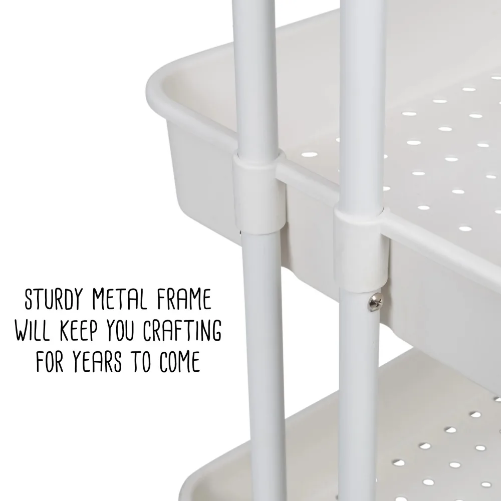 عربة يدوية ذات 3 طبقات بمقبض، باللون الأبيض