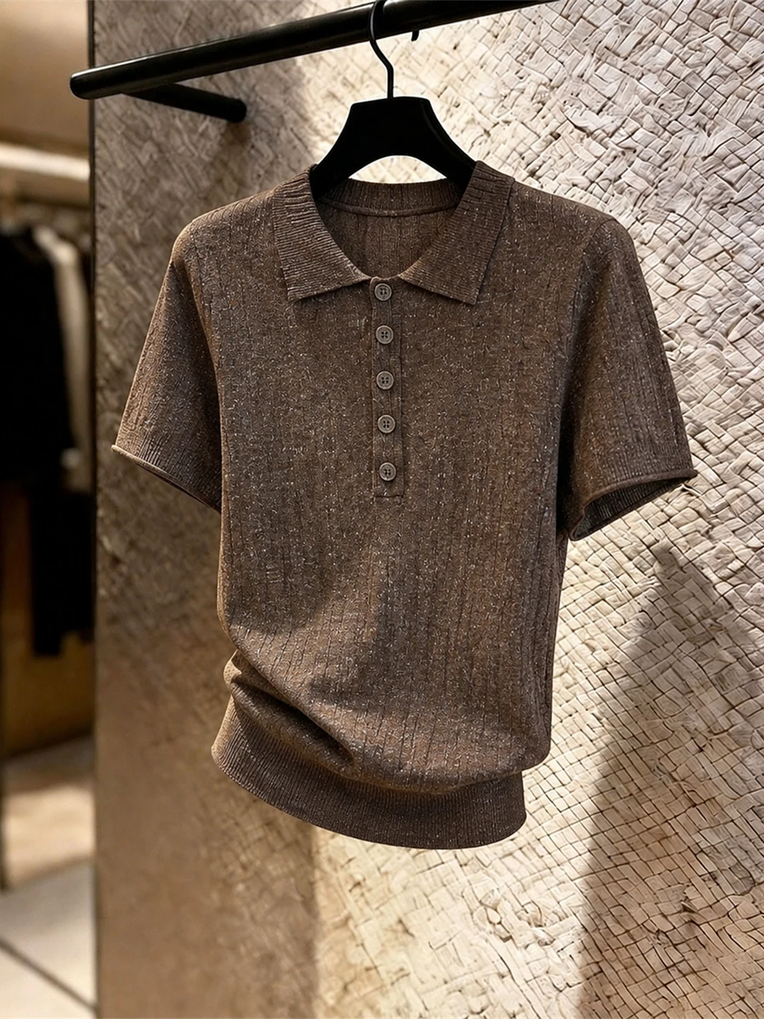 

Summer 2026 Ice Silk Knitted Neck Top Commute Style Short Sleeve Half Open Front Women's Fashion Straight Cut Knitwear