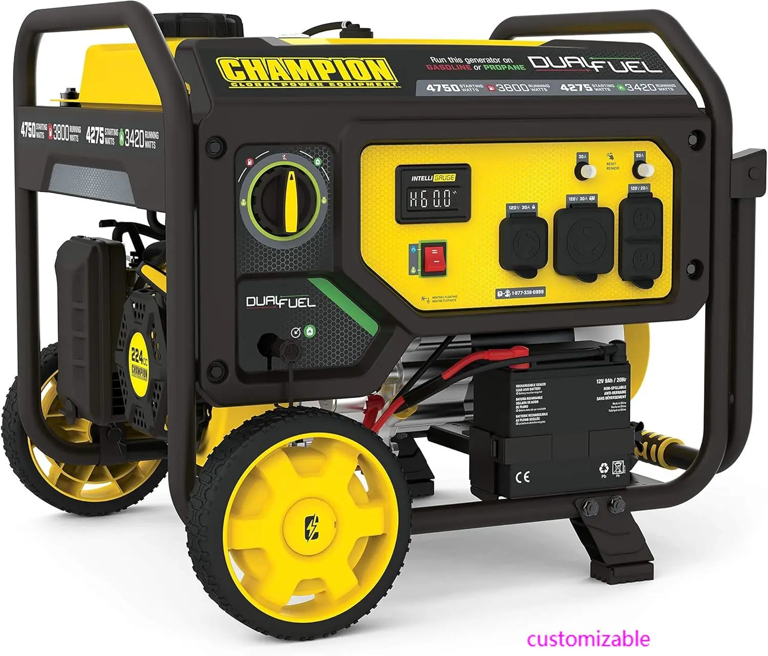 

4750-Watt Dual Fuel Portable Generator With Electric Start, Wheel Kit,customizable