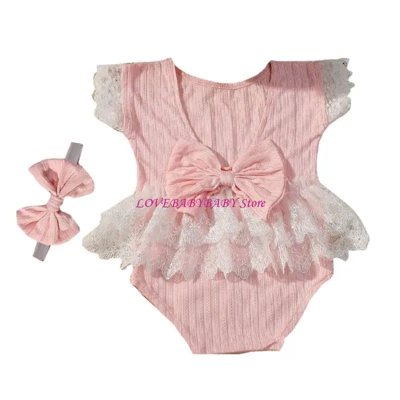 Bowknot Stirnband & Spitze Strampler Fotoshooting Kleidung Fotografie Requisiten für Mädchen 4xBC