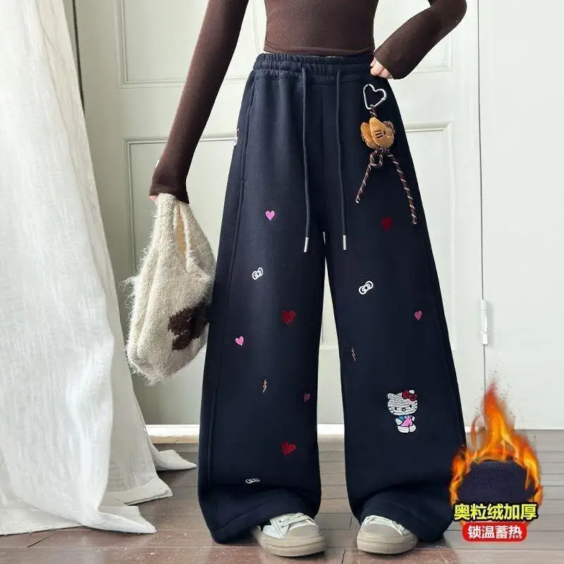 

Sanrio Hello Kitty Girls Fleece Sweatpants Cute Wide Leg Pants Winter Warm Casual Trousers Sweet Fashion Outfit For Kids Kawaii