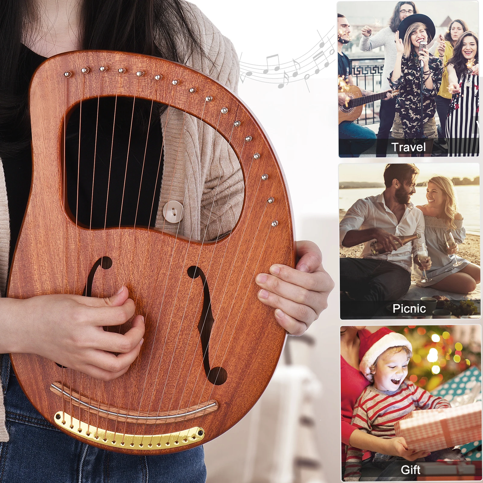 WH-16 16-String Wooden Lyre Harp Metal Strings Solid Wood Musical Instrument harp with Carry Bag Tuning Wrench Music Book