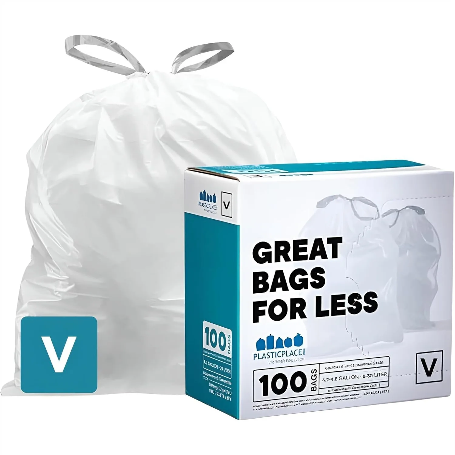 

Custom Fit Trash Bags for Code V Cans, 4.2-4.8 Gallon White Drawstring Liners, 100 Count