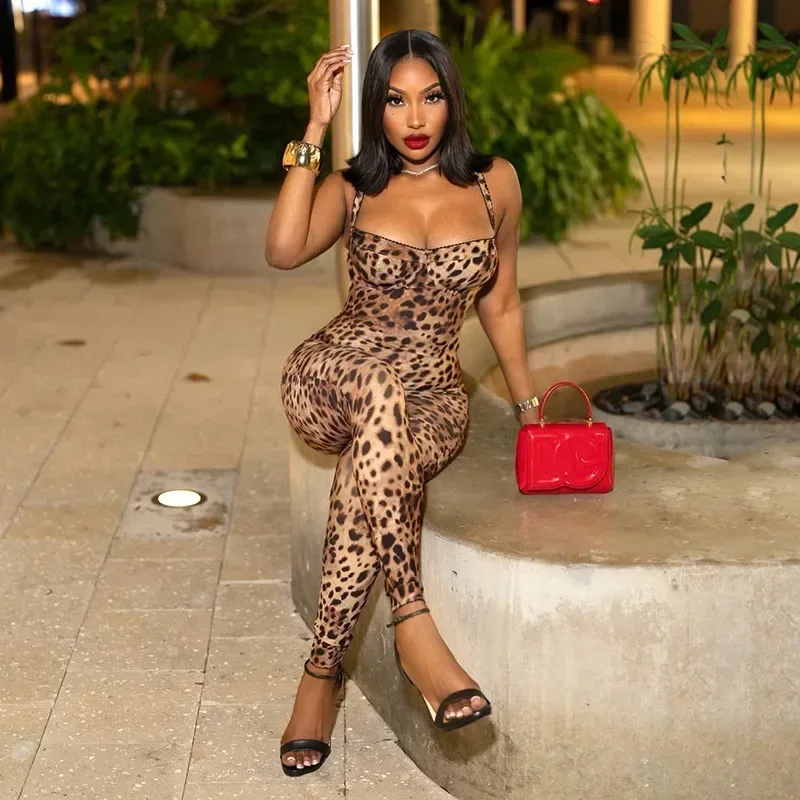 2025 Spring Women Sexy Leopard Print Jumpsuits Fashion Low Neck Suspendency Body-shaping Wild Overalls Midnight Clubwear Rompers