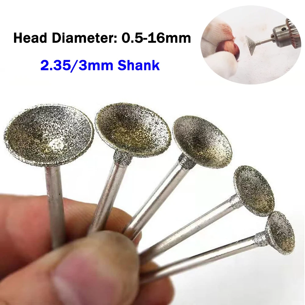 

0.5-16mm Diamond Grinding Heads Burrs Bit Concave Shape 2.35/3mm Shank Jade Stone Agate Carving Burrs for Dremel Rotary Tools