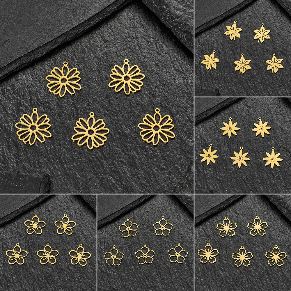 Shuangshuo 5pcs/lot 17x17mm Stainless Steel Hollow Flower Charms Mini Sunflower Pendant for DIY Jewelry Making Finding Supplies