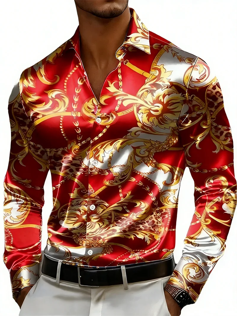 

Новая мужская рубашка с длинными рукавами и цепочкой с 3D-печатью, мужской повседневный топ высокой четкости на пуговицах с лацканами