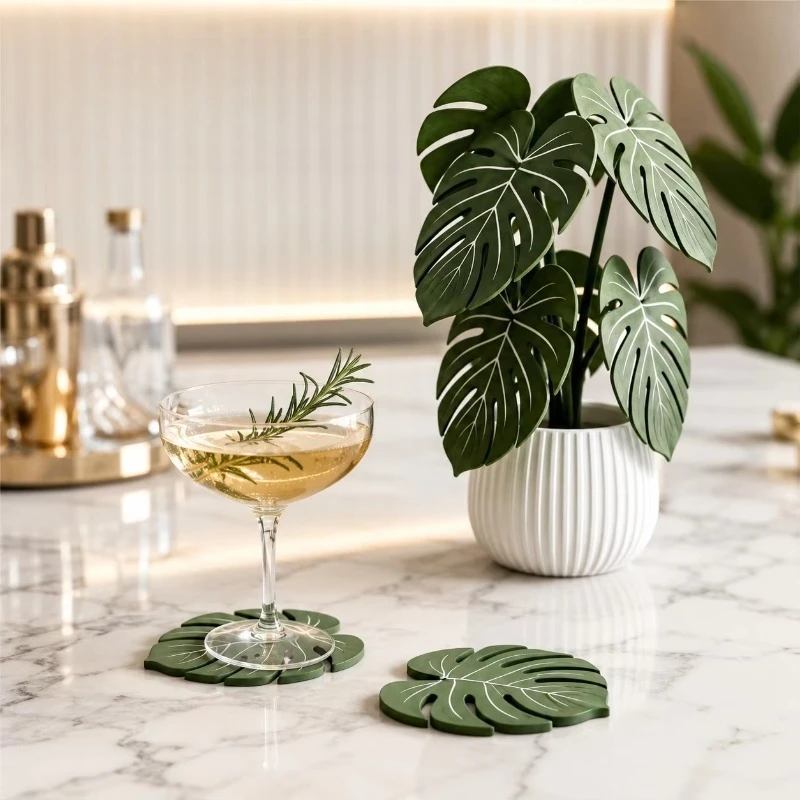 Home Tabletop Decoration Creative Leaf Coaster Green Plant Potted Perforated Mat for Dining Table Placemats for Table