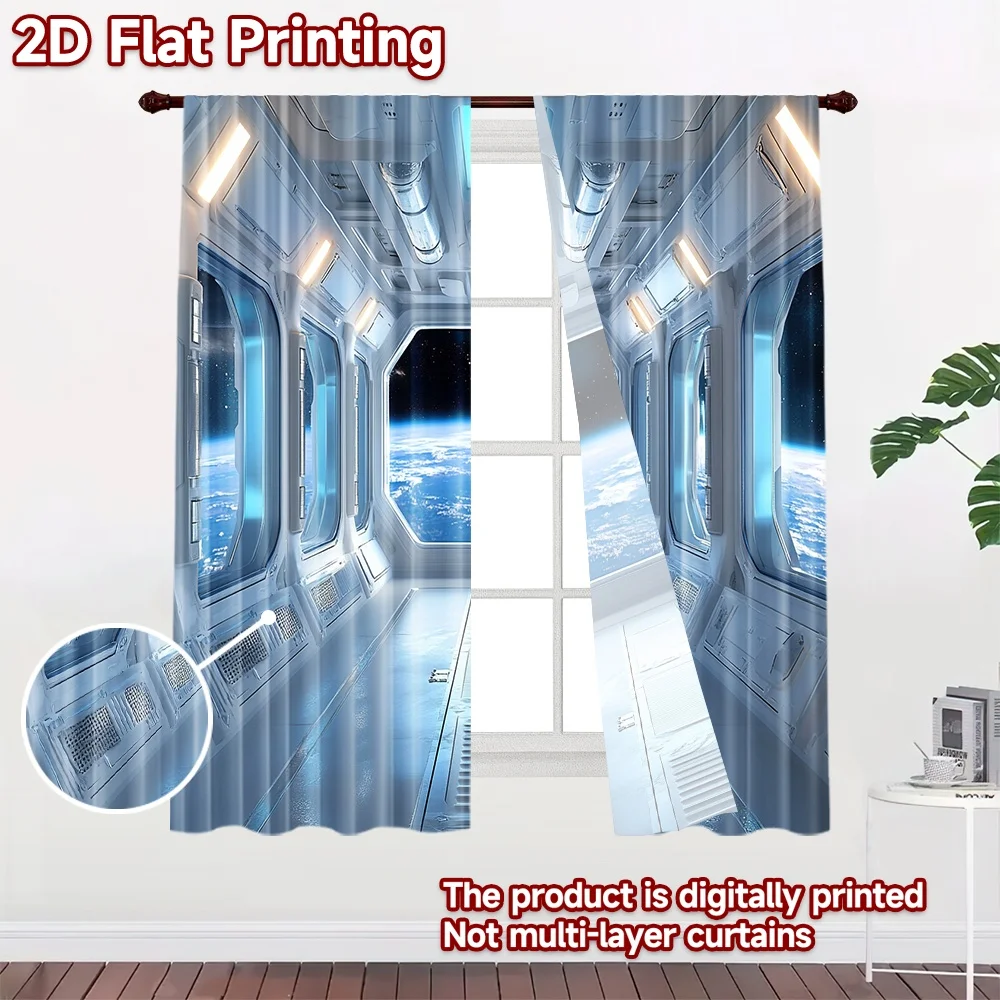 2D flat 2pcs Curtain Retro Country Style Space Station View Digitally printed polyester Birthday Party Use for Holiday Family