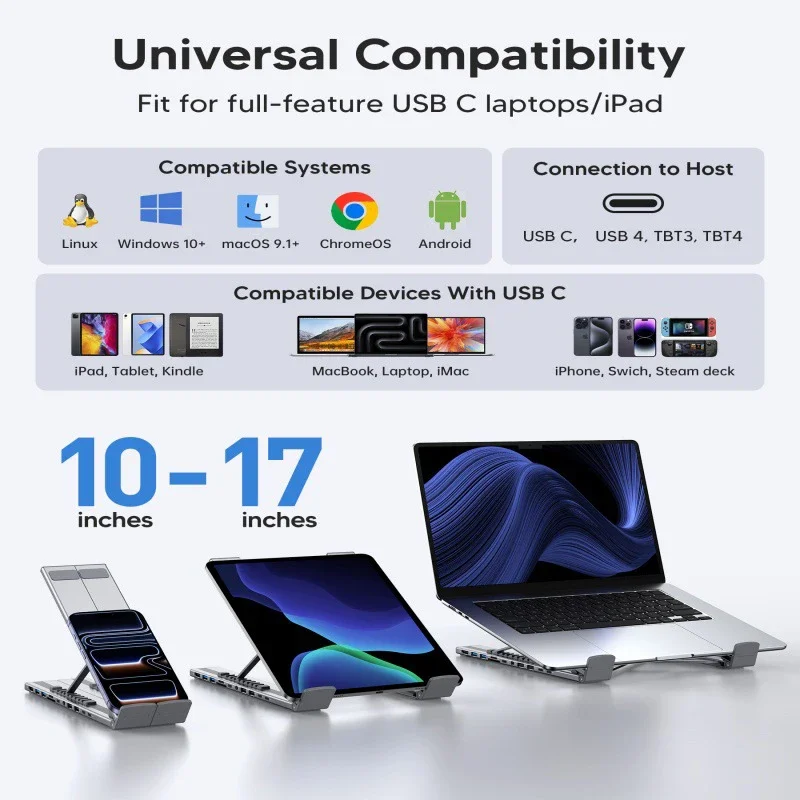 11-in-1 Laptop Docking Station Stand with USB Hub  Compatible with 1017-inch Laptops, 100W PD Charging, 9-Position Angle Adjus