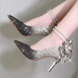 Shiny Bowknot Thin Heels Pumps Women Slip-On Bling Crystal Party Shoes Woman Sexy Pointed Toe Glitter High Heels Shoes