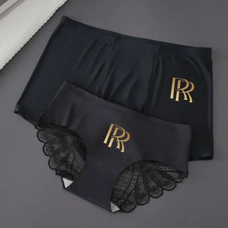 Fashion Matching Lace Couple Underwear Sexy Lovely Smooth Ice-silk Men Boxer Shorts Womens Bikini Briefs Elastic Lovers Panties