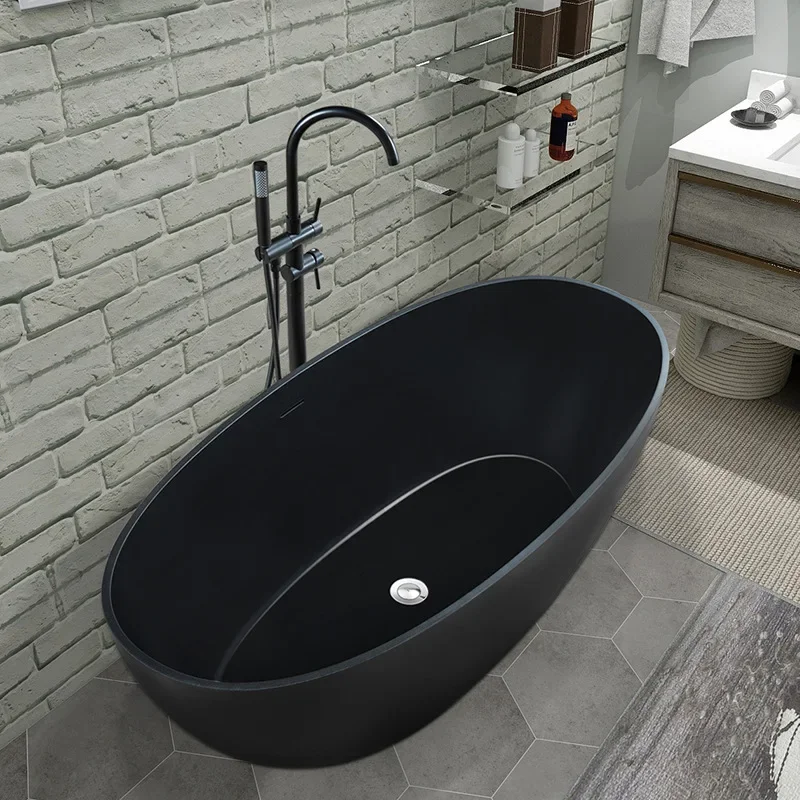 Oval household small apartment artificial stone bathtub, integrated floor-to-ceiling bath tub