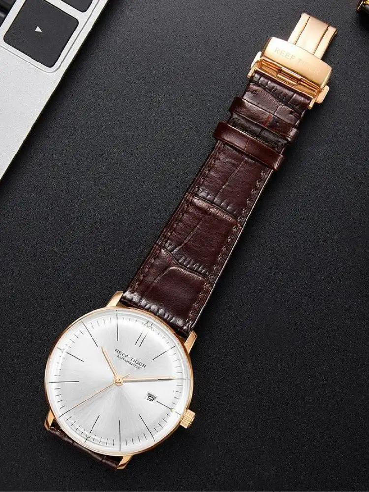 Reef Tiger/rt Top Band Luxus-Kleideruhr für Herren, selbstautomatische Business-Mechanische Armbanduhr, gebogenes Saphirglas, Datum