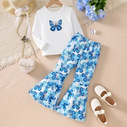Girls' New Pure Color Pit Striped Long-Sleeved Bow Top + Butterfly Print Pants Two-Piece Autumn and Winter Suit Sweet and Cute Style