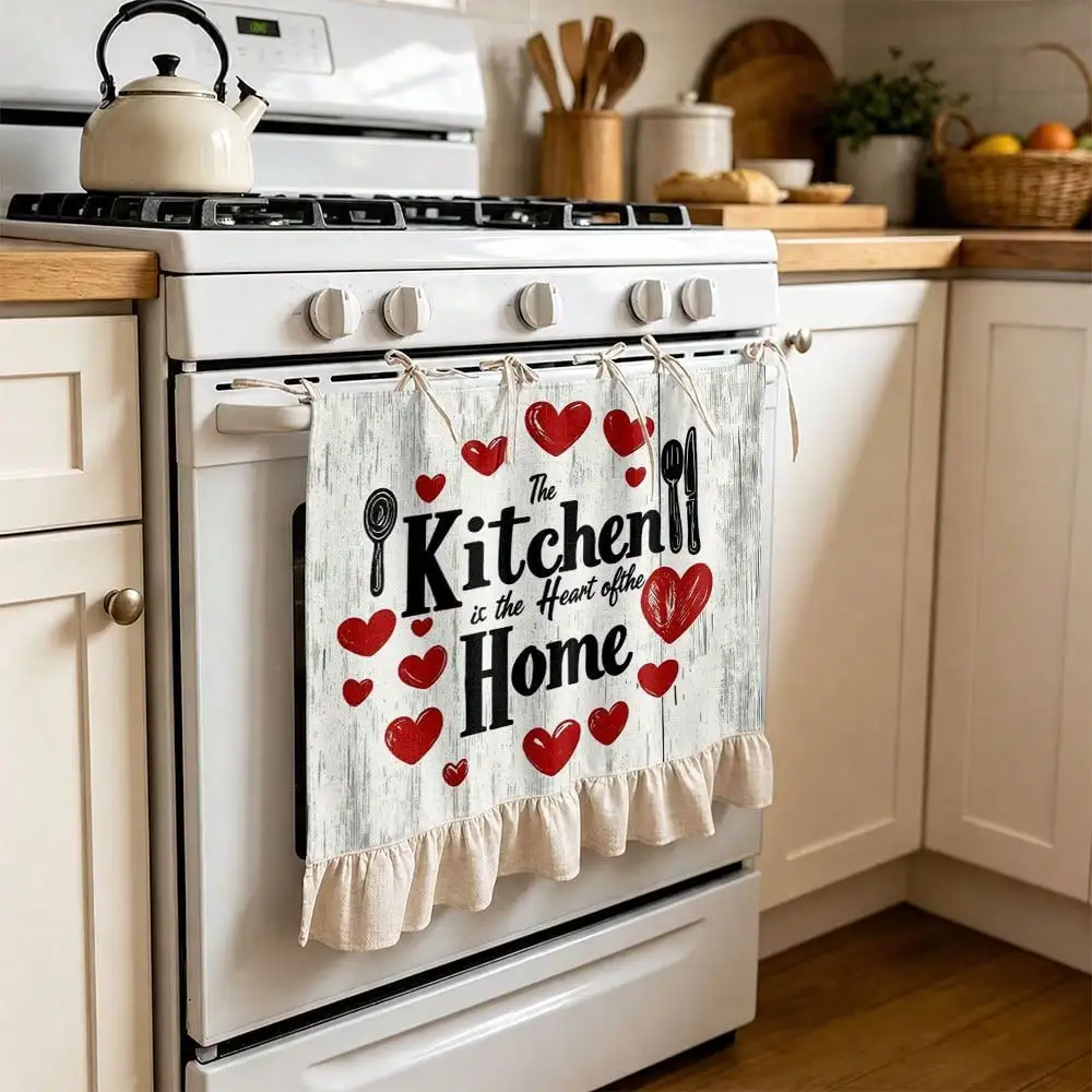 2D Rustic Red Heart Pattern Multi-Functional Decorative Curtain, Suitable for Kitchen Apron, Oven Cover, Washing, Dishwasher, Bathroom Window Decoration, And Kitchen, Halloween Kitchen Apron