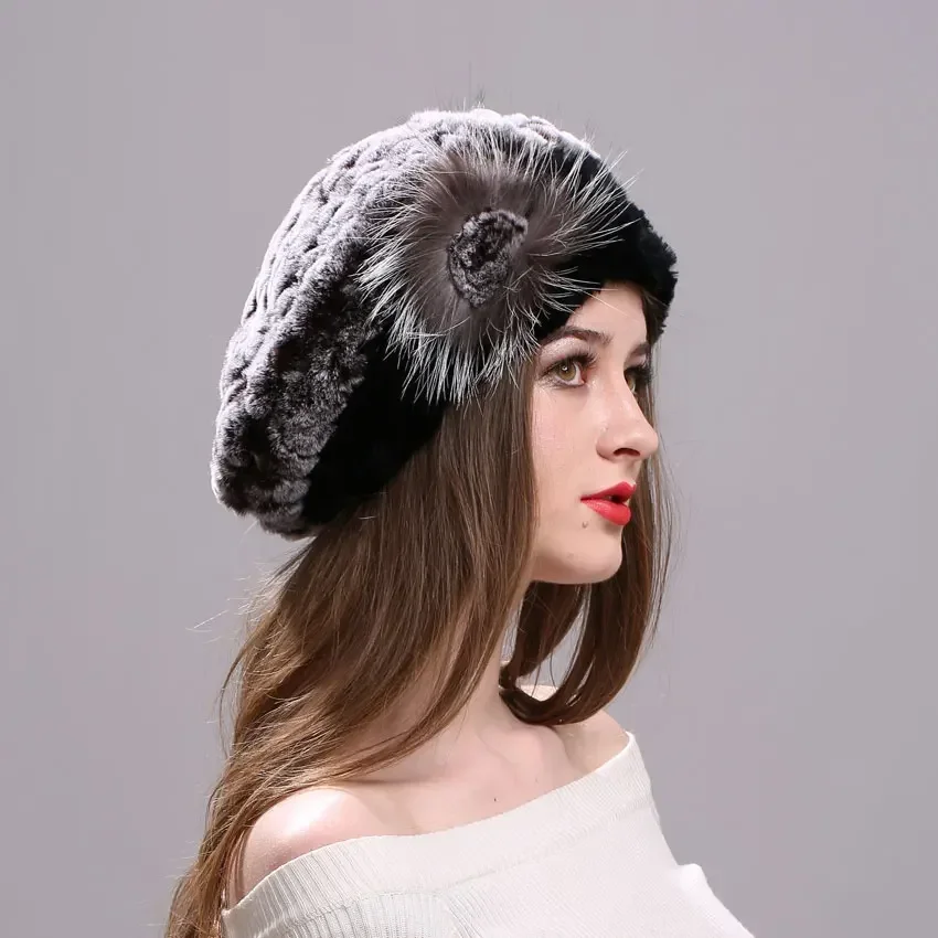 Beret Caps for Women Genuine Rex Rabbit Fur Hat Elegant Fur Hat Wholesale Elastic Knitted Headwear Bonnets Winter Lady Fur Hat