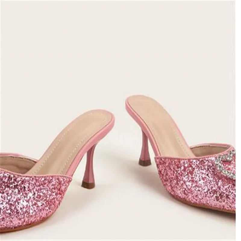 2023 New Shallow Mouth High-heeled Women's Shoes Love Rhinestone Shining Thin Heel Slippers Pointed Women's Single Shoes