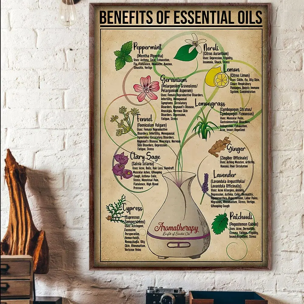 1PCS,Buywell Metal Vintage Tin Sign Decor Benefits of Essential Oils Garden Gardening Aromatherapy Poster Wall Poster Plaque for