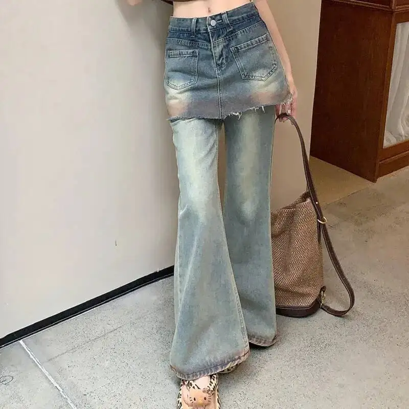 ANJY automne nouvelle femme Chic jean évasé faux deux pièces poches bavure américain rétro en détresse Ins élégant Y2K pantalons décontractés A8708