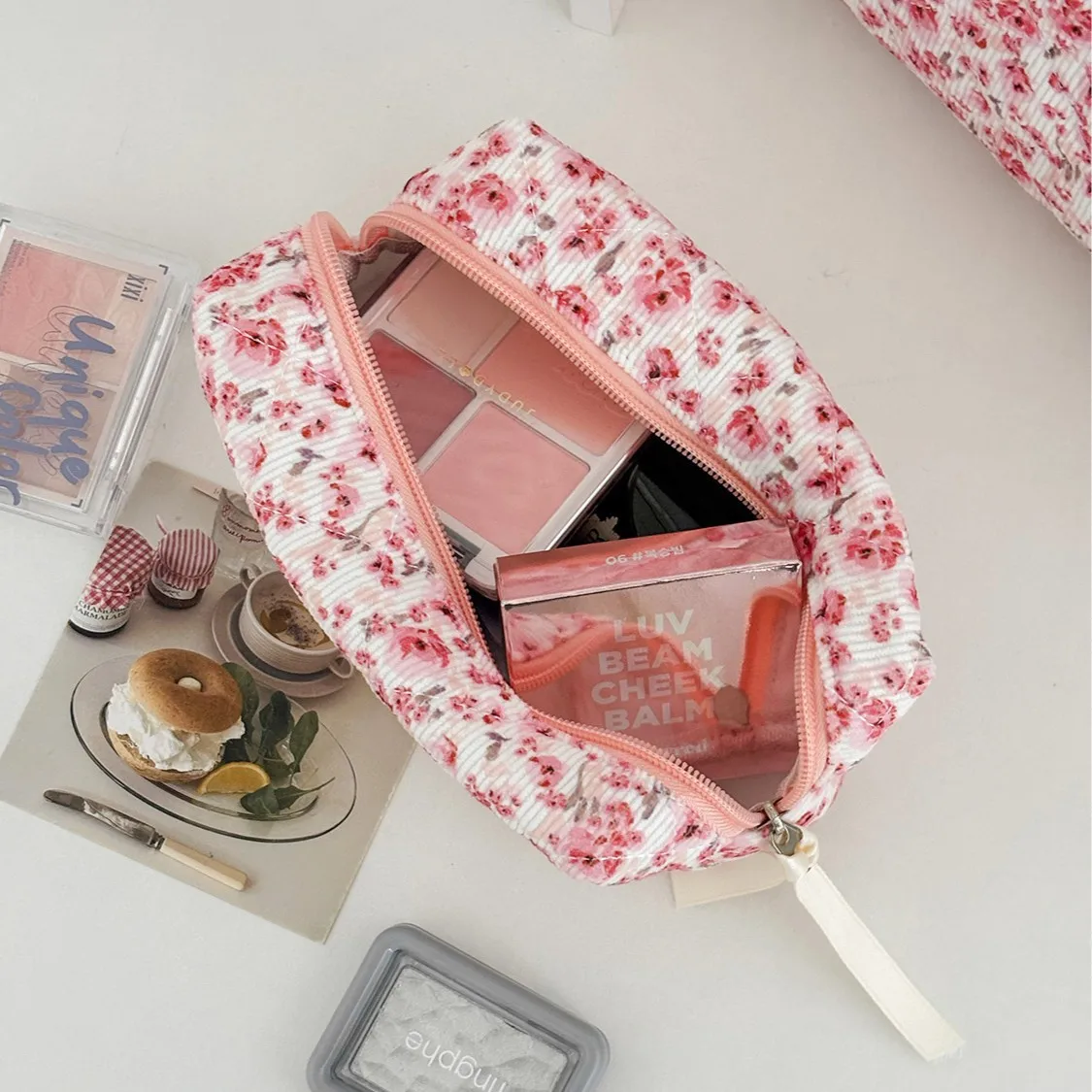 Striped corduroy waterproof pink rose cosmetic bag, sweet floral print girl portable travel hand-held storage bag