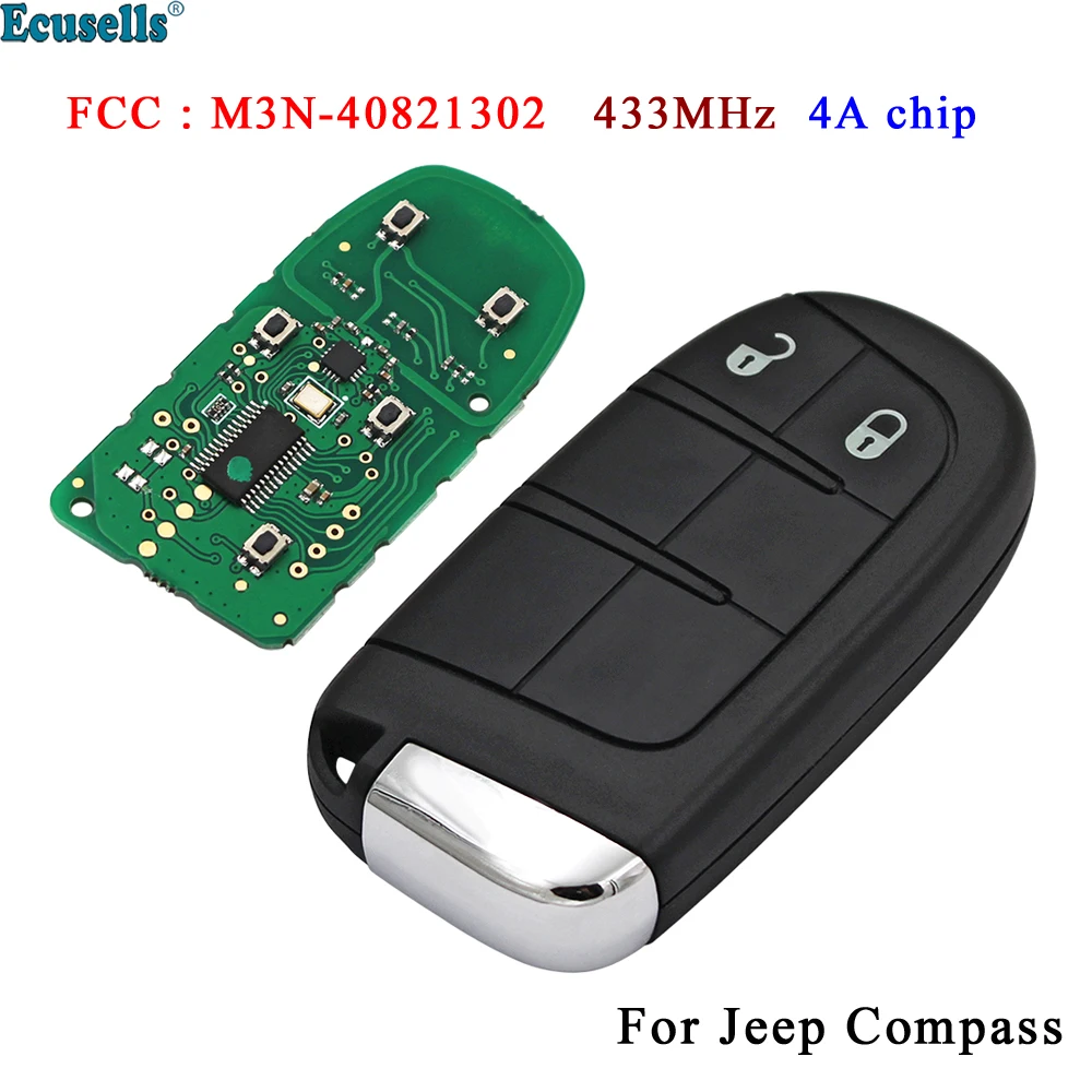 2 Button Smart Remote Key Fob 433MHz 4A Chip for Jeep Compass 2015 2016 2017 2018 2019 2020 2021 FCC : M3N-40821302 SIP22