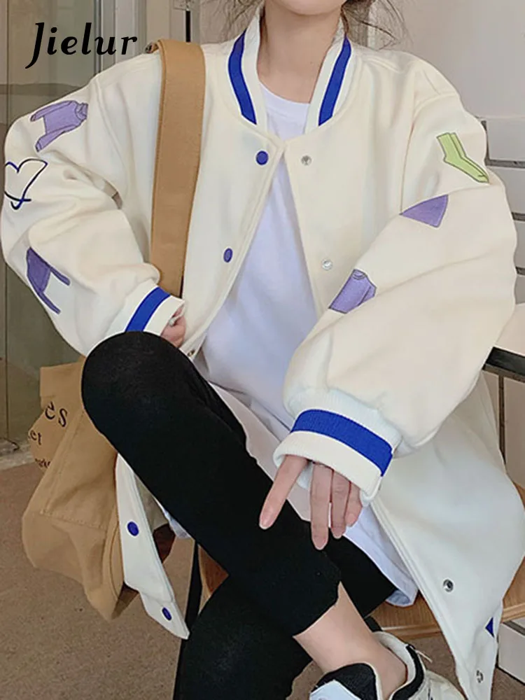 

Jielur Autumn New Solid Color American Casual Jacket Woman Retro Street Loose Trench Female Off White Black Fashion Top Women