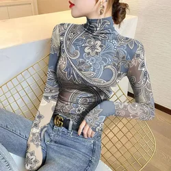 Women's Half High Neck Thick Bottom 2024 Autumn and Winter New Fashion Printed Long Sleeve Pullover T-shirt Slim All-match Tops