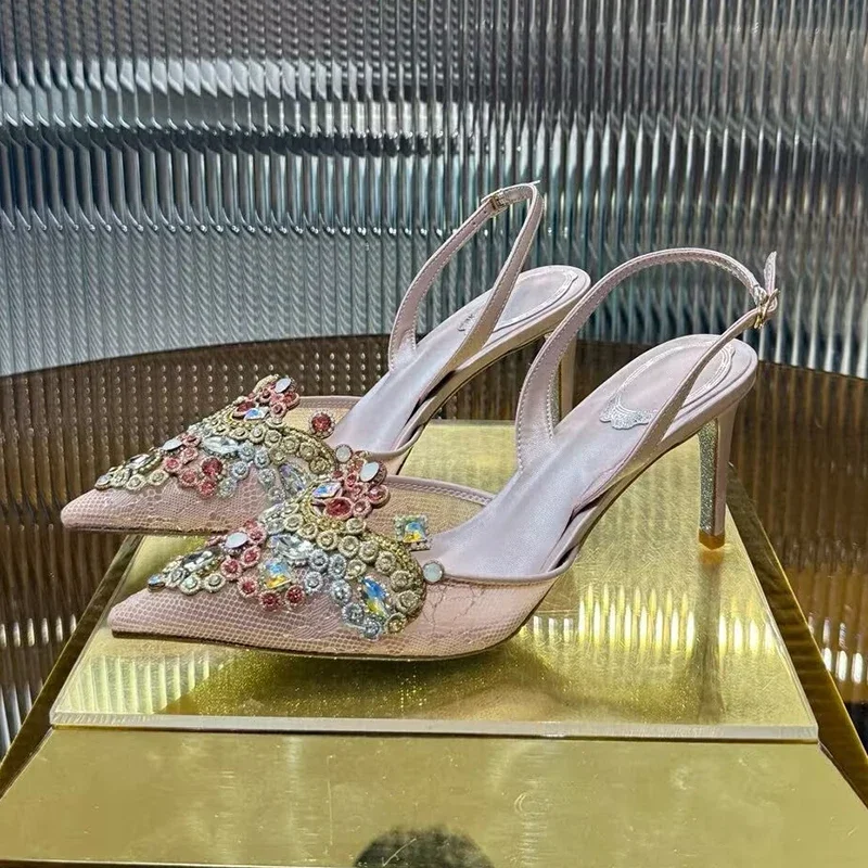 Scarpe da sposa per feste in rete di perle con strass Sandali con tacco alto moda donna Décolleté con punta a punta Sandali con tacco sottile estivo