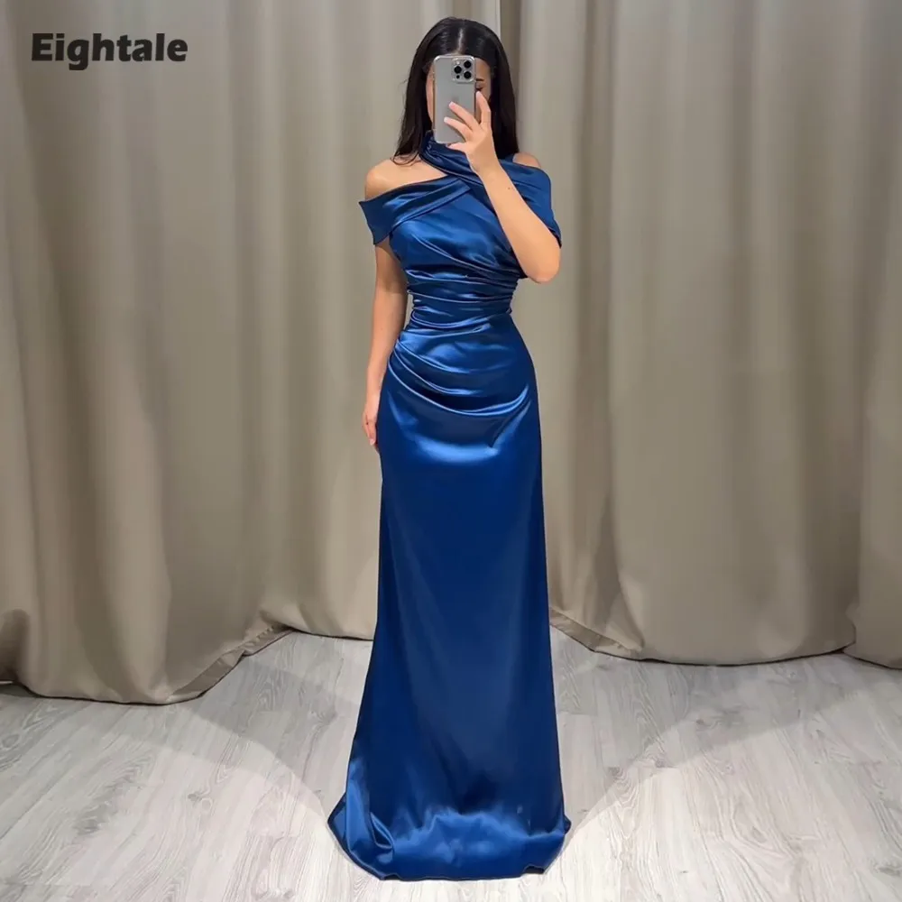 

Eightale Arabic Evening Dress Halter Customized Blue Mermaid Prom Satin Wedding Party Gown Vestidos De Gala