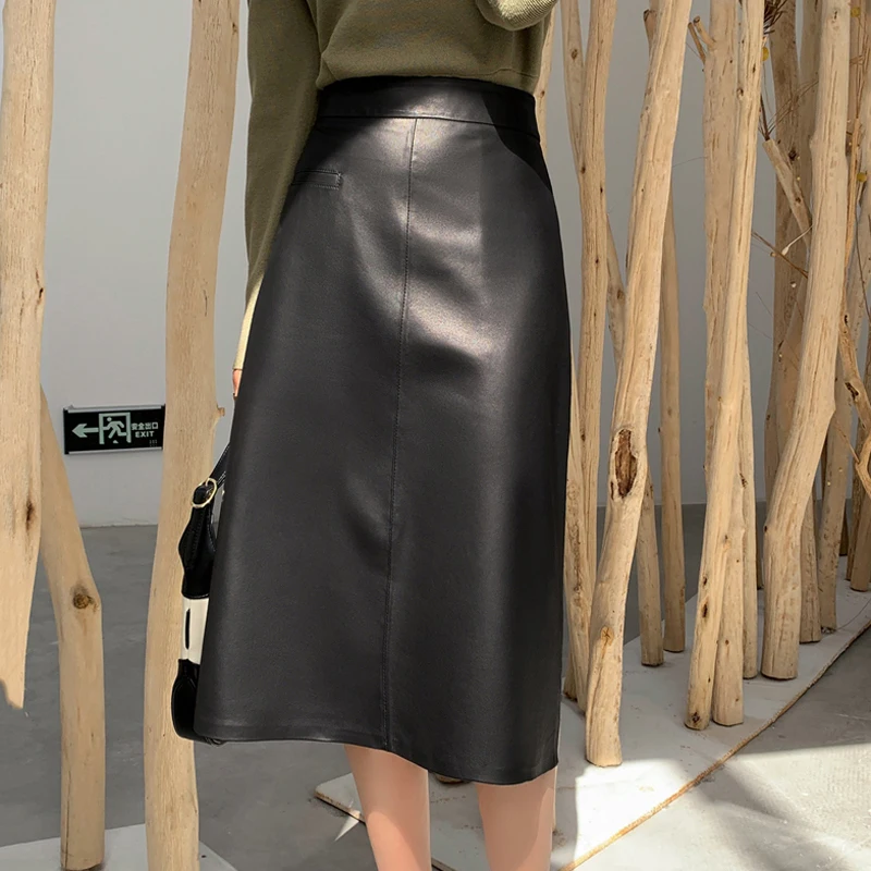 New Genuine Leather Skirt For Women High Sense Vintage A-line 70 cm Jupe Longue Femme Simple Maxi Apricot  Floor-Length