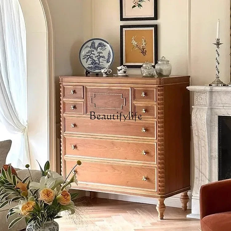 

LJYAmerican retro solid wood carving flower bedroom chest cabinet antique wall decoration storage cabinet
