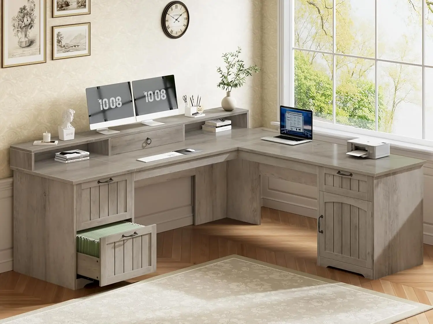 

63" L Shaped Desk with Drawers, Farmhouse Corner Computer Desk, Wood Office Desk with File Drawers with Storage,, Customized