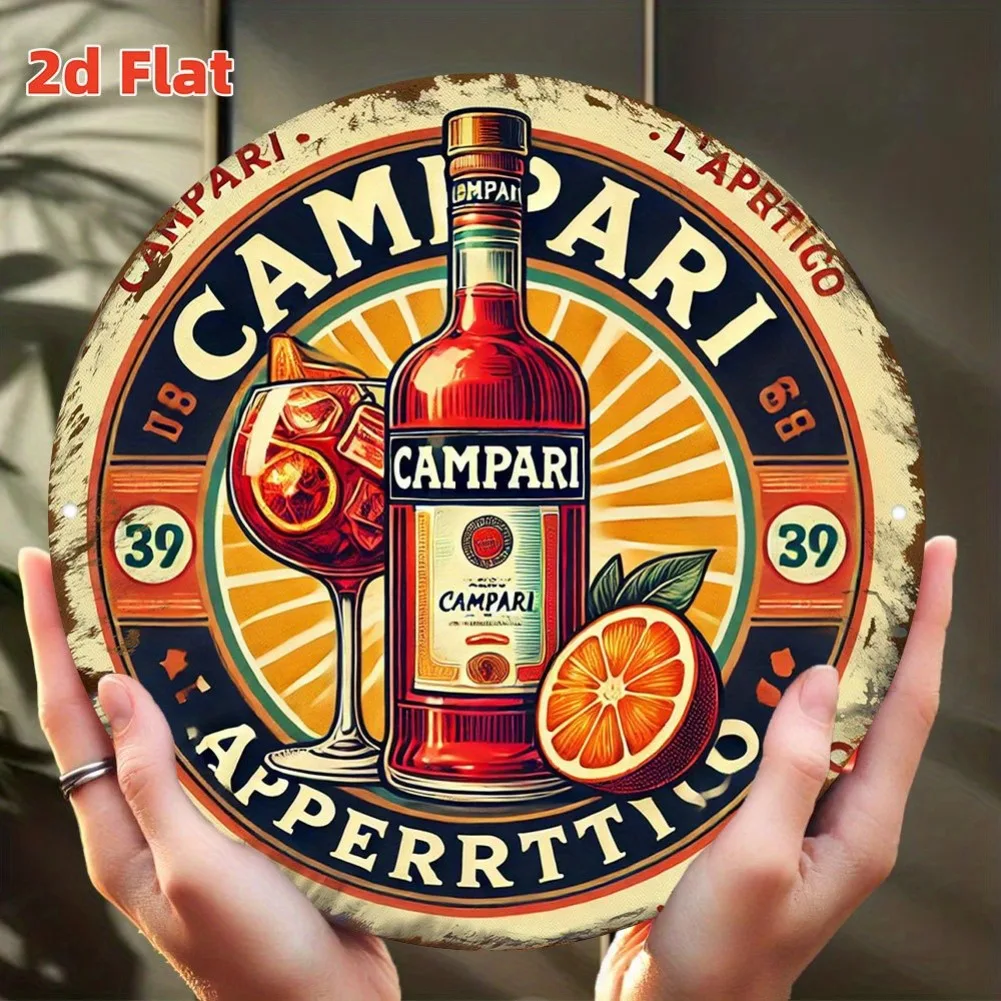 Letrero Metálico Decorativo Vintage Campari Aperitivo, Redondo, Estilo Rústico, con Diseño de Licor Italiano, para Bar o Pub