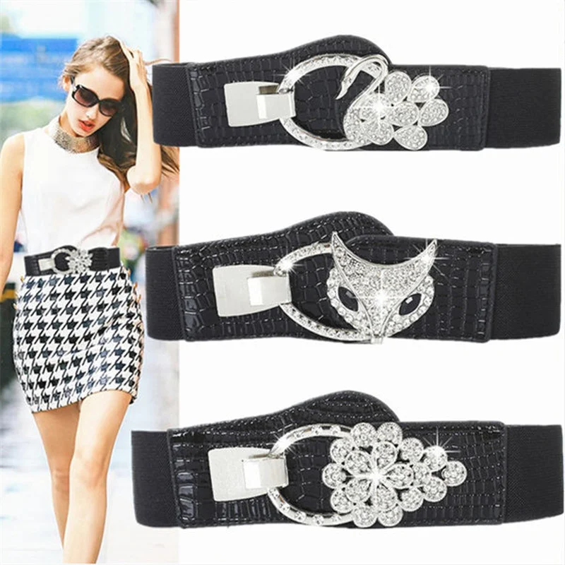 2022 Belts For Women Black Simple Waist Elastic Ladies Band Metal Belt Buckle With Diamond Decoration Coat Sweater Fashion Dress