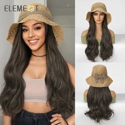 ELEMENT Hat Wigs Long Black Wavy Hair Wigs With Straw Cap Synthetic Fiber Hair Wigs With Cap For Women Girls Summer Daily Use