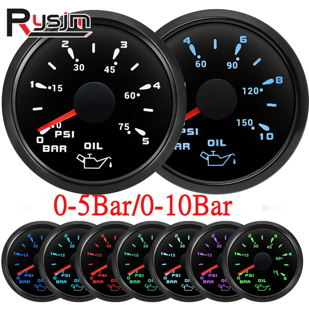 52mm Oil Pressure Gauge with Alarm 0-5 Bar 0~10 Bar 7 LED Light Oil Press Meter Press Sensor for Auto Car Boat Marine 12V 24V